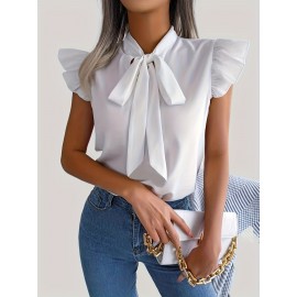 Tie Neck Cap Sleeve Blouse, Casual Solid Ruffle Trim Blouse, Women's Clothing