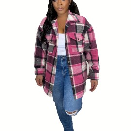 Plaid Pattern Flap Pockets Jacket, Vintage Drop Shoulder Single Breasted Outwear For Fall & Winter, Women's Clothing