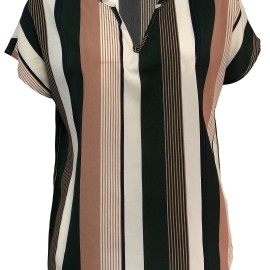 Plaid Notched Neck Blouse, Casual Short Sleeve Blouse For Spring & Summer, Women's Clothing