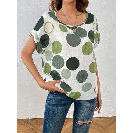 Polka Dot Crew Neck Blouse, Casual Short Sleeve Summer Comfy Blouse, Women's Clothing
