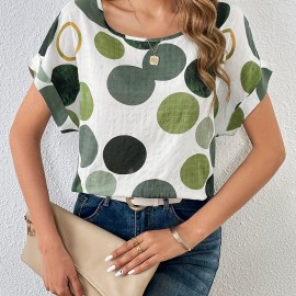 Polka Dot Crew Neck Blouse, Casual Short Sleeve Summer Comfy Blouse, Women's Clothing