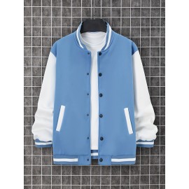Trendy Varsity Jacket, Men's Casual Color Block Button Up Jacket For Spring Fall School Baseball