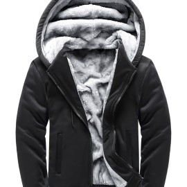Men's Warm Fleece Hooded Jacket, Casual Color Block Jacket Coat For Fall Winter