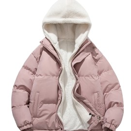 Warm Fleece Hooded Winter Jacket, Men's Casual Cotton Padded Coat For Fall Winter