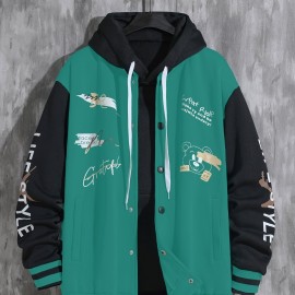 Letter Print Varsity Jacket, Men's Casual Baseball Jacket Coat Regular Fit College Hipster Windbreaker For Spring Autumn