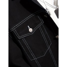 Chic Denim Jacket, Men's Casual Street Style Lapel Contrast Stitching Jacket Coat For Spring Fall