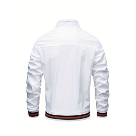 Stripe Edge Bomber Jacket, Men's Casual Stand Collar Zip Up Jacket For Spring Fall Outdoor