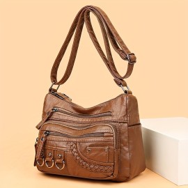 Retro Soft PU Leather Crossbody Bag, Multi Layer Shoulder Bag, Studded Decor Purse For Women