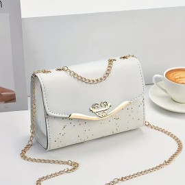 Glitter Sequins Crossbody Bag, Heart Decor Shoulder Bag, Fashion Square Purse With Chain For Women