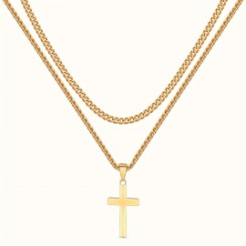 Titanium Steel Double-layer Cross Charm Necklace Men's Trendy Hip-hop Sweater Chain Accessories