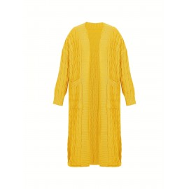 Plus Size Casual Cardigan, Women's Plus Cable Knitted Long Sleeve Open Front Medium Stretch Sweater Cardigan With Pockets