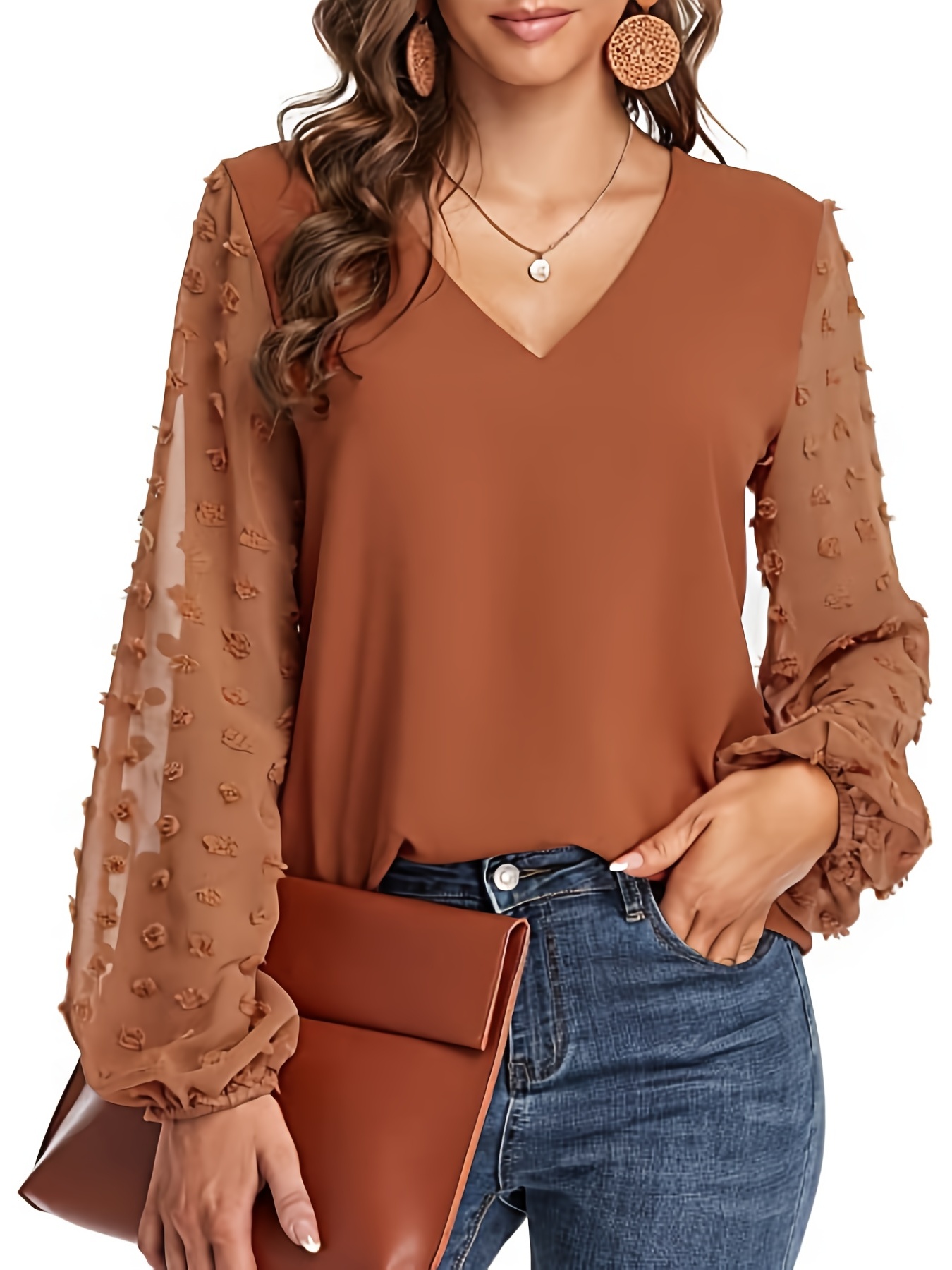 swiss dot sleeve shirt casual v neck solid shirt for spring fall womens clothing details 28