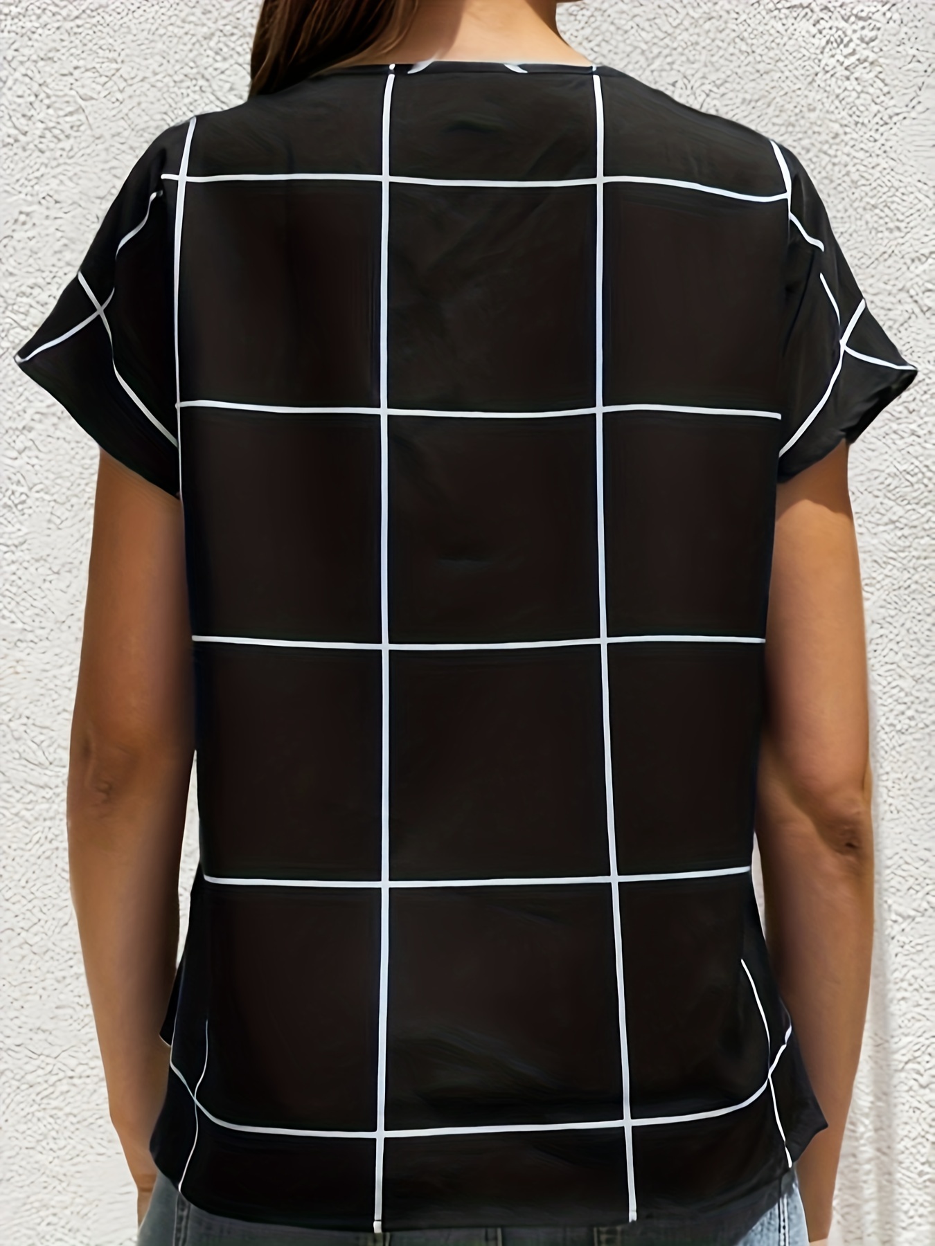 plaid notched neck blouse casual short sleeve blouse for spring summer womens clothing details 32