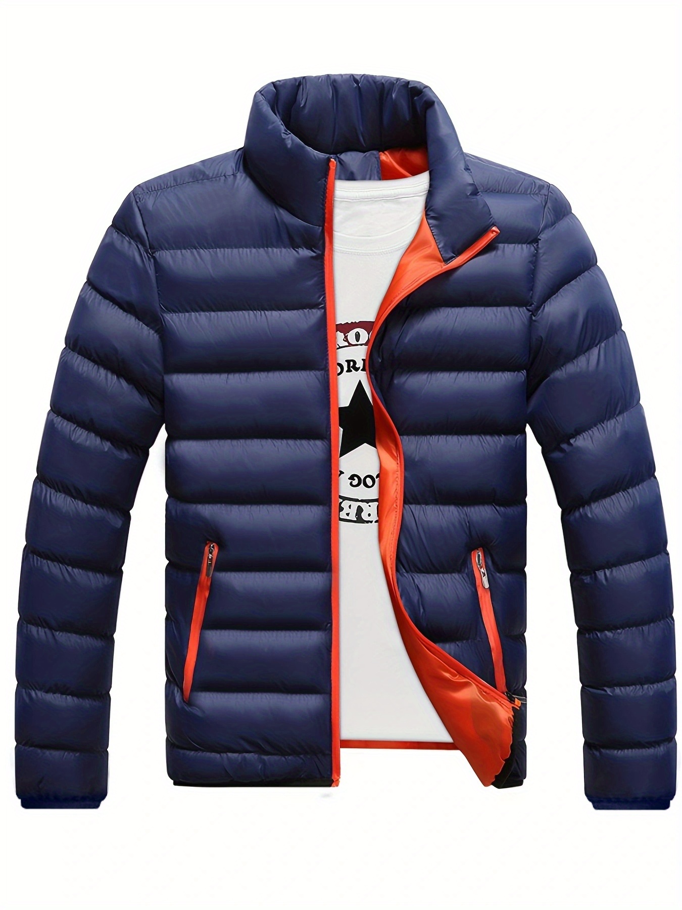 winter mens casual slim fit stand collar zipper up padded jacket details 2