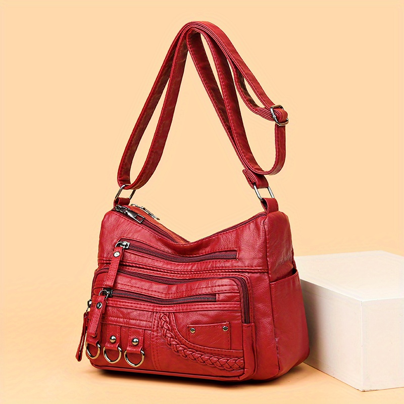 retro soft pu leather crossbody bag multi layer shoulder bag studded decor purse for women details 1