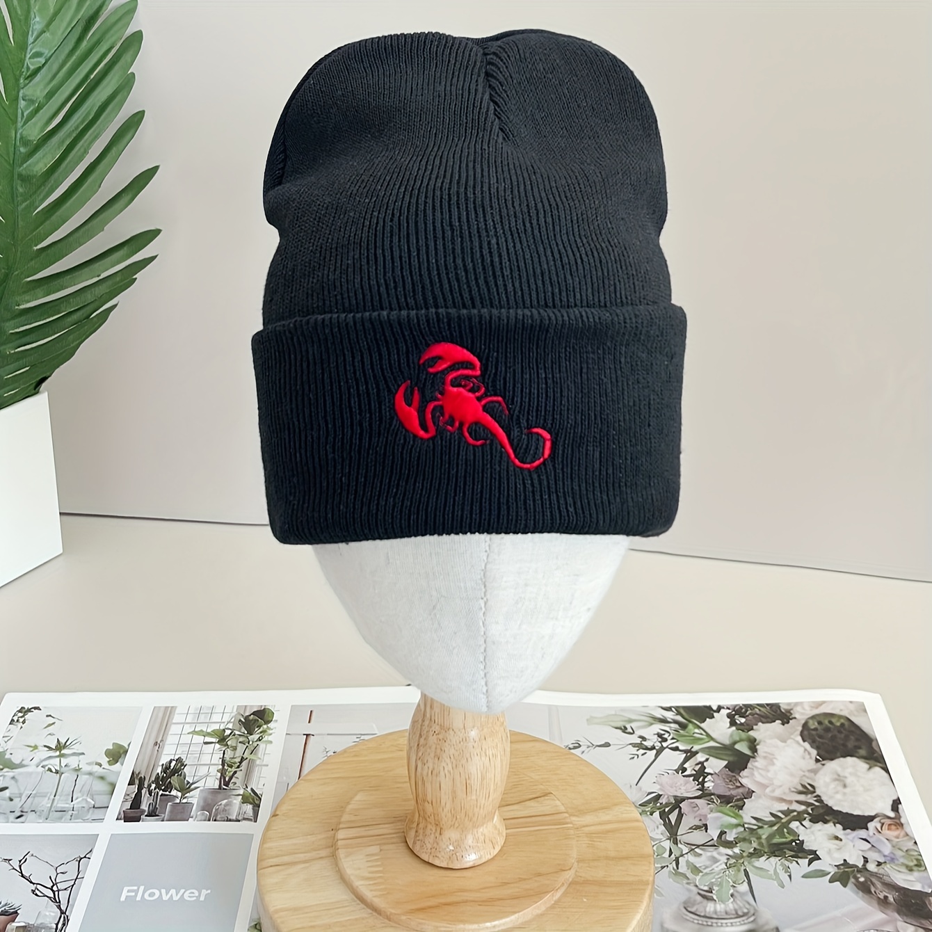 red scorpion embroidery graphic beanie simple casual elastic knit hats black cuffed beanies warm skull cap for women men details 4